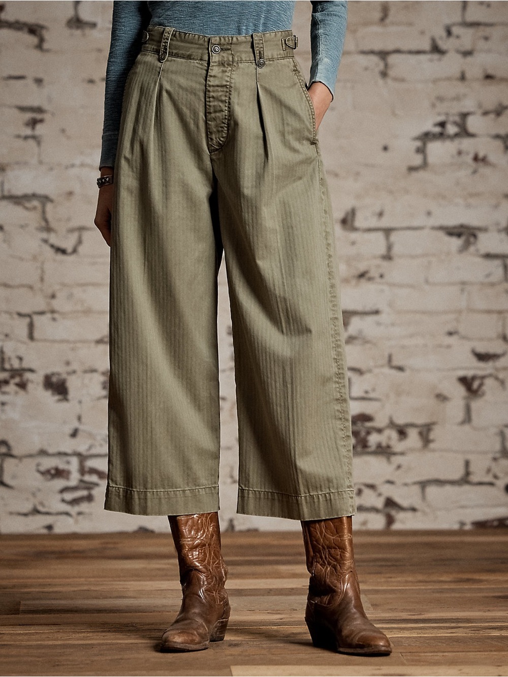 RRL Ralph Lauren Cotton Cropped Wide Leg Pants Olive Size 27 NWT